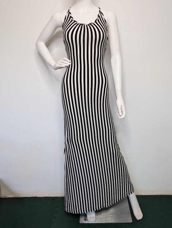 Snap Dresses & Skirts - Y2K Black & White Striped Bodycon Open Back Strappy Scoop Neck Maxi Dress